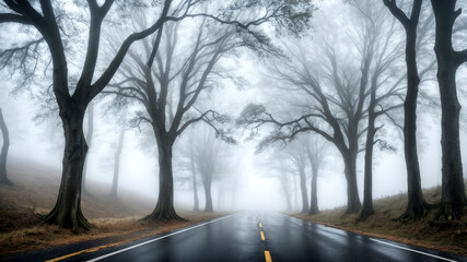 Wide Angle View of Fog-Covered Trees Lining a Serene Road