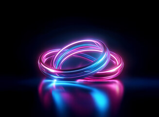 Two glowing rings, pink and blue neon light, intersect on a reflective surface.  The vibrant colors create a striking contrast against the black background.