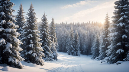 Wide-Format Christmas Tree with Snow Background and Festive Decorations