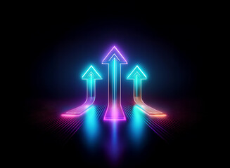 Three neon arrows ascend, glowing brightly against a dark background. Their vibrant hues converge at the apex, symbolizing upward movement and progress.  The light trails create a sense of motion and 