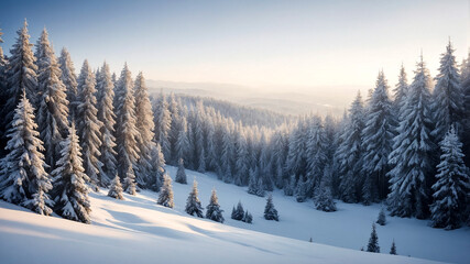 Wide-Format Christmas Tree with Snow Background and Festive Decorations