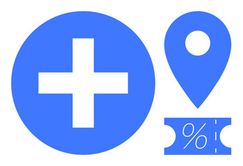 Blue medical cross inside a circle, location pin symbol, and discount ticket icon with percentage sign. Ideal for healthcare, navigation, discounts, promotions, marketing, location-based services