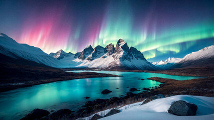 Obraz premium Winter Mountains Under the Aurora Borealis with a Stunning Blue Sky