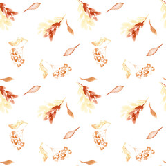 Seasonal watercolor seamless pattern colors of fall with delicate watercolor leaves, branch and berries in soft brown tones. Hand-painted seasonal background pale pink orange for repeated design.