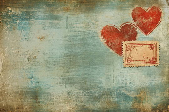 Naklejki A distressed texture background with faded heart stamps and script text