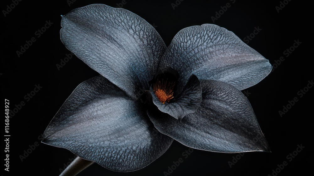 Poster a close-up of a striking black flower against a dark background, emphasizing its unique texture.