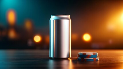 Aluminum drink can mockup with poker chips on a sleek table. Generative AI