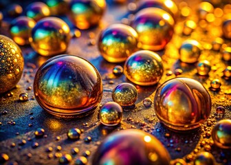Naklejka premium Glistening Golden Oil Bubbles on Urban Decay Surface - Abstract Wallpaper