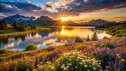 Fototapeta premium Aerial View of Serene Lake Surrounded by Vibrant Wildflowers at Sunset