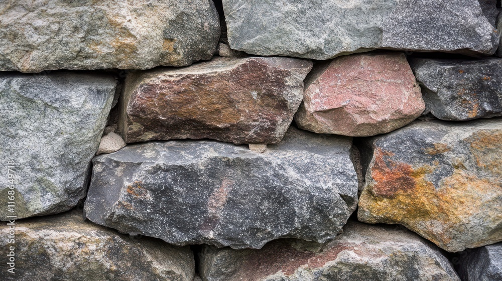 Poster a close-up of a stone wall showcasing various textures and colors of the rocks.