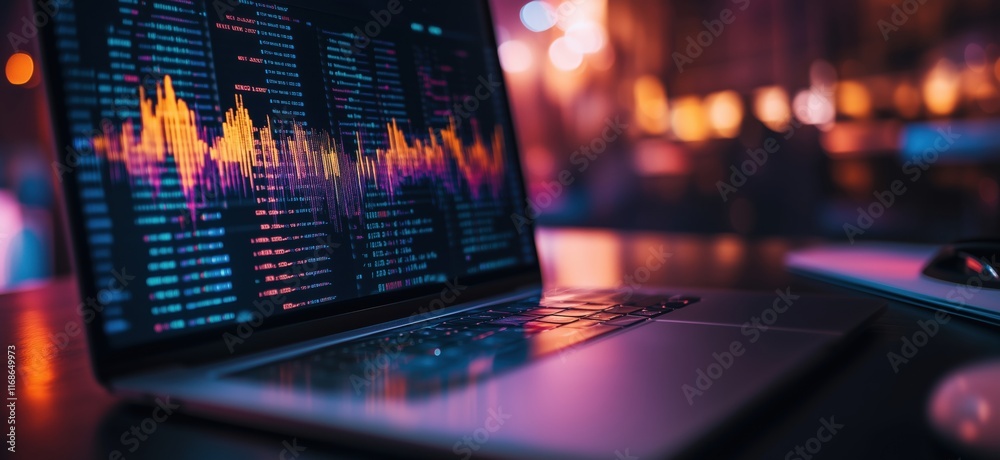 Poster data visualization on laptop screen showcasing vibrant graphs and charts in a modern workspace envir