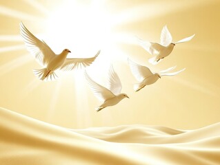 Four white doves flying over a golden landscape with a radiant sun.