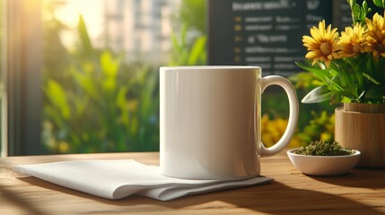 Coffee mug mockup in cafe setting. Generative AI