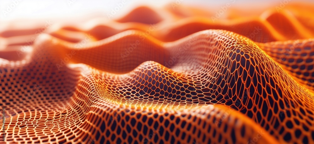 Poster abstract orange mesh texture with flowing waves and intricate patterns, showcasing depth and dimensi
