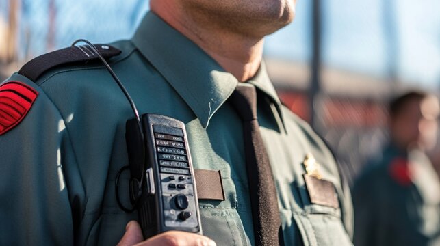 Security guard holding portable radio, ensuring safety and communication