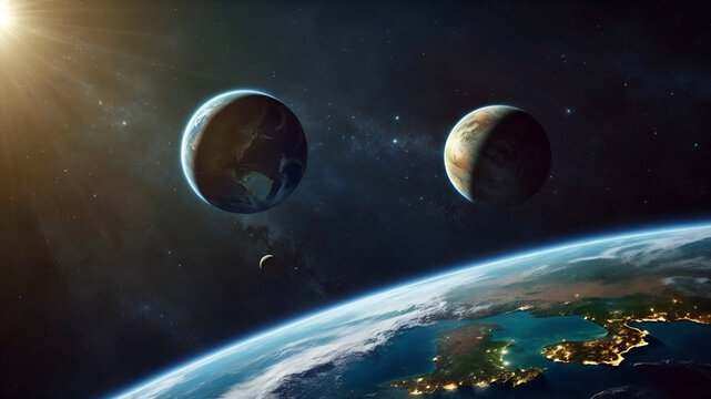 planet earth in space, planets, sun rays and space dust, fantasy template with copy space for text