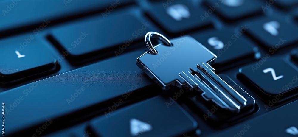 Poster digital security key resting on computer keyboard, symbolizing cybersecurity and data protection, co