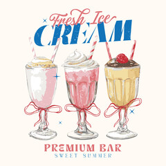 Fresh Ice cream love club graphic print t-shirt, Bow tie, apparel, posters, background, Retro ice cream hand-drawn vector art, Enjoy summer with sweet ice cream. Summer graphic t shirt design for girl