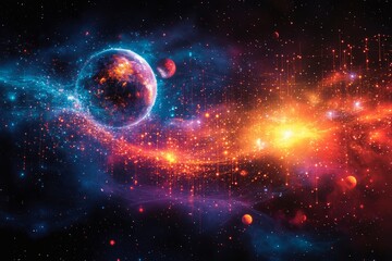 A colorful representation of Earth and its connection to the cosmos, with orbiting satellites and a galaxy in the background. Generative AI