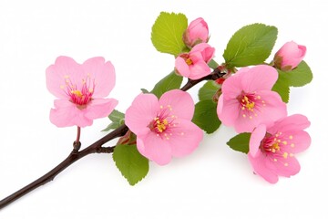 Delicate Pink Flowers with Green Leaves Isolated on White Background
