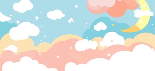 Dreamy pastel sky with fluffy clouds, stars, and crescent moon, vibrant colors create whimsical atmosphere, copy space for text