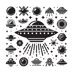 UFO - Flying saucer with light beam. Icon for design vector silhouette SH