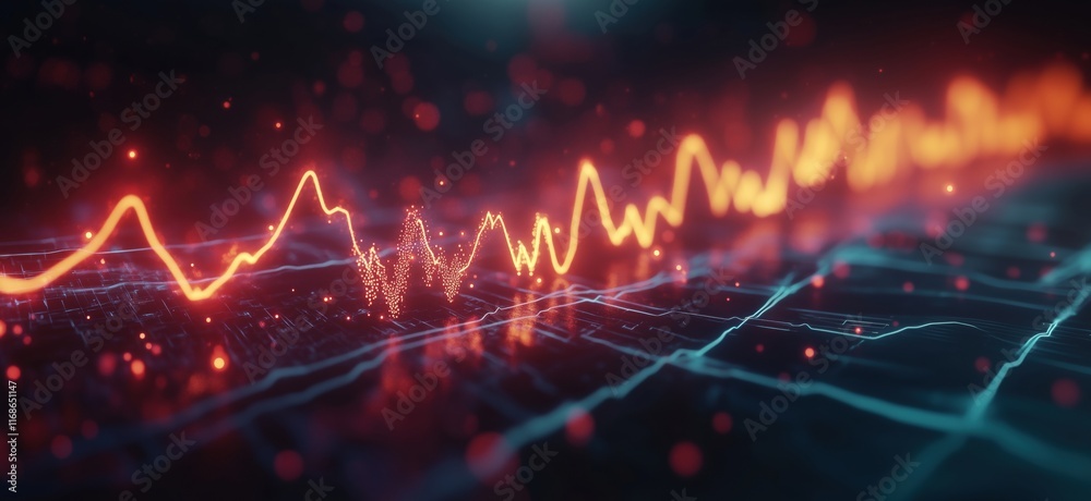 Poster dynamic digital waveform visualization with glowing orange and blue lines representing data signals 