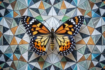 Fototapeta premium Vibrant Butterfly on Polygonal Gradient Background – Dynamic Abstract Art.