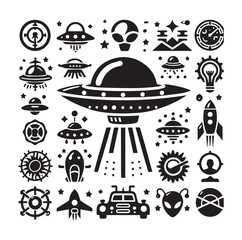 UFO - Flying saucer with light beam. Icon for design vector silhouette SH
