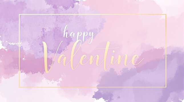 Valentine's Day greeting card with a pastel watercolor background in shades of pink and purple, featuring the text "happy Valentine" in elegant, cursive font