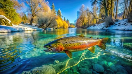 Aerial view: sunlit ice, frozen trout, dramatic winter river scene, showcasing nature's cold beauty.
