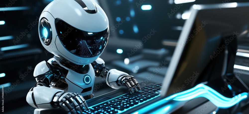 Poster futuristic robot working on computer, showcasing advanced technology and artificial intelligence in 