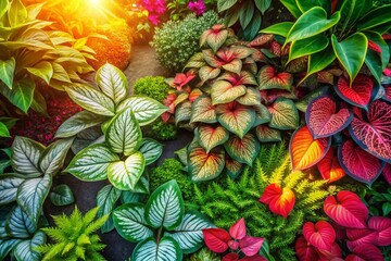 Obraz premium Aerial View of Vibrant Caladium and Vinca Flowerbeds