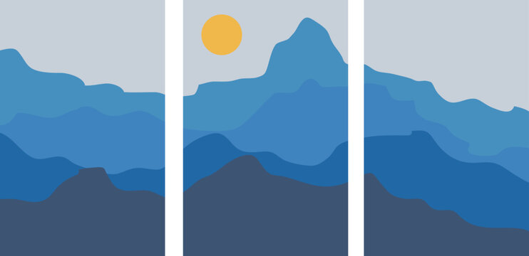 A serene triptych illustration of blue mountain layers under a light gray sky, with a yellow sun, conveying a calm and minimalist aesthetic.