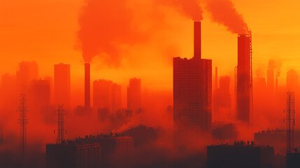 Obraz premium Horizonte industrial con humo y tonos rojizos al amanecer