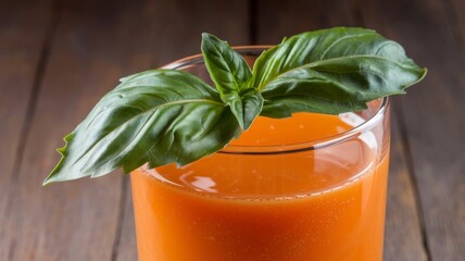 Refreshing glass of carrot juice garnished with a fresh basil leaf for a healthy drink.