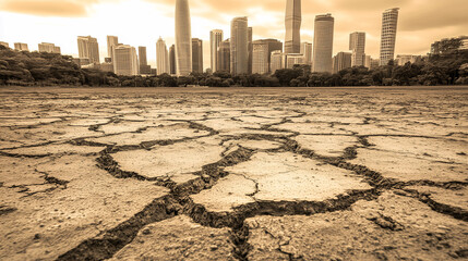 Ciudad moderna vista desde suelo agrietado por sequía