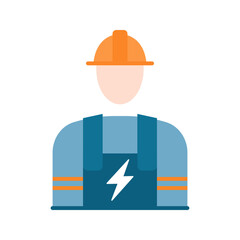 Electrician wearing a hard hat and overalls, featuring a lightning bolt on his uniform.