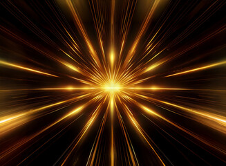 Obraz premium A radiant, golden burst of light explodes from a central point, radiating outwards against a stark black background. The effect is dynamic and energetic, suggesting speed or power.