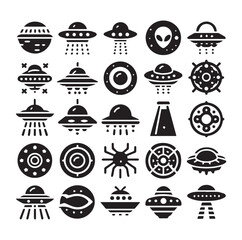 UFO - Flying saucer with light beam. Icon for design vector silhouette SH