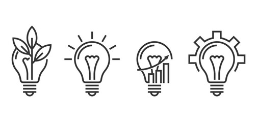 Light bulbs icons set - with chart, gear, leaf and shining. In bold line