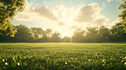 Fototapeta premium Tranquil Green Landscape with Lush Grass Under a Bright Blue Sky and Soft Clouds