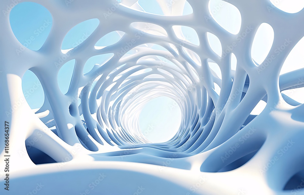 Fototapete abstract 3d rendering of a white organic structure, resembling a tunnel or passageway, with a bright