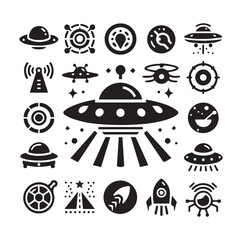 UFO - Flying saucer with light beam. Icon for design vector silhouette SH