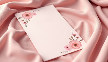 Bridal shower invitation mockup with soft floral design on pink fabric background
