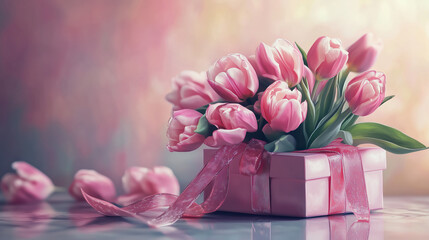 Obraz premium Pink tulips in a gift box with ribbon on a pastel background