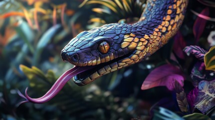 Obraz premium Serpentine Essence: Close-up Profile of Vibrant Forest Snake With Flicking Tongue