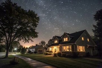 Nighttime tranquility envelops a cozy house under a starry sky in a peaceful suburban neighborhood