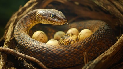 Fototapeta premium Guardian Serpent: Protective Snake Coiled Around Eggs in Soft Natural Light Setting
