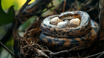 Fototapeta premium Guardian Serpent: Snake Coiled Around Eggs in Soft Warm Light Amid Nature